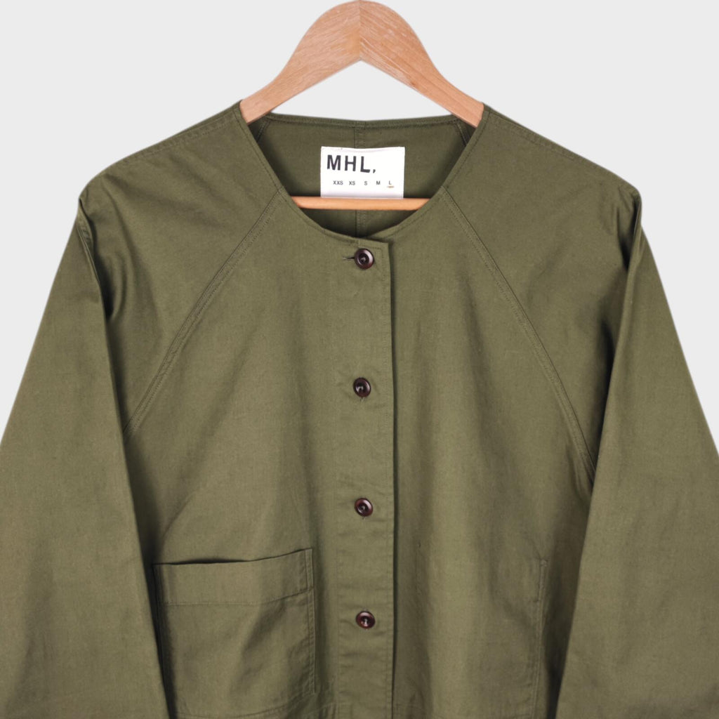 MHL MARGARET HOWELL Women's Olive Green Collarless Cotton Twill Overshirt Jacket