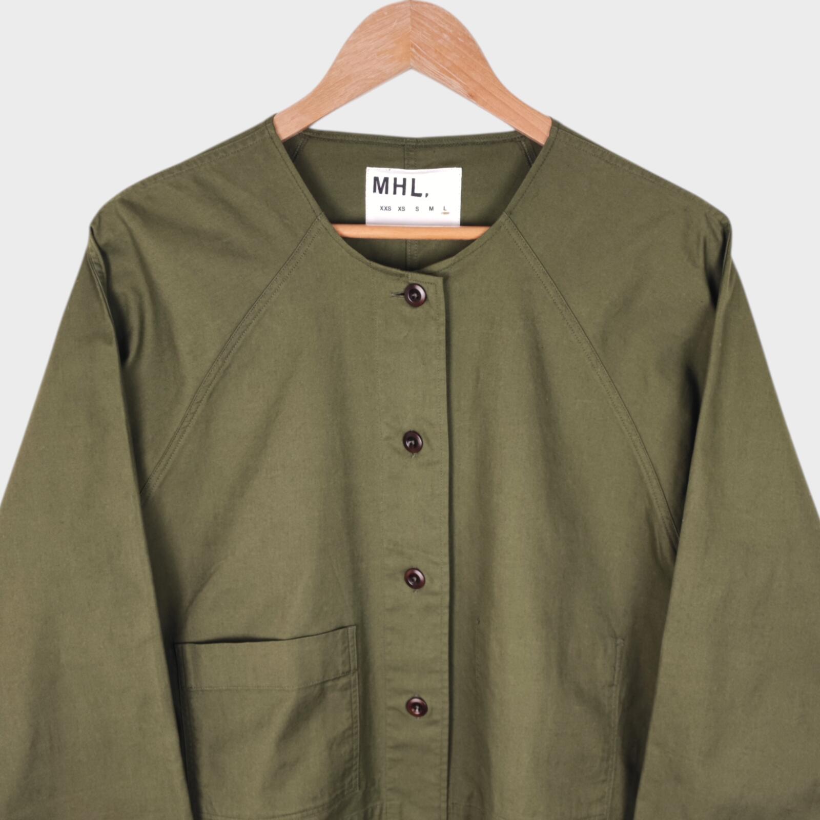 MHL MARGARET HOWELL Women's Olive Green Collarless Cotton Twill Overshirt Jacket