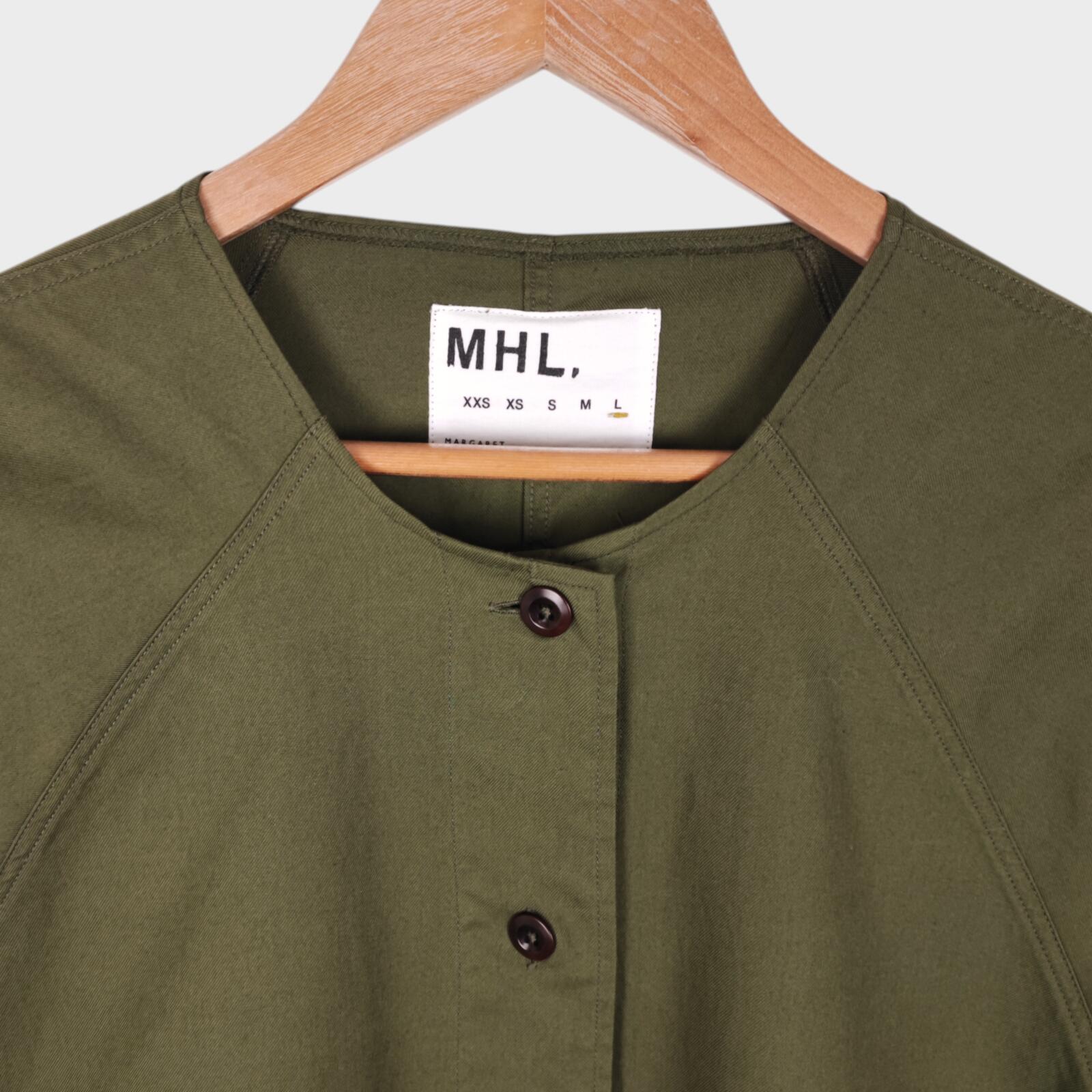 MHL MARGARET HOWELL Women's Olive Green Collarless Cotton Twill Overshirt Jacket