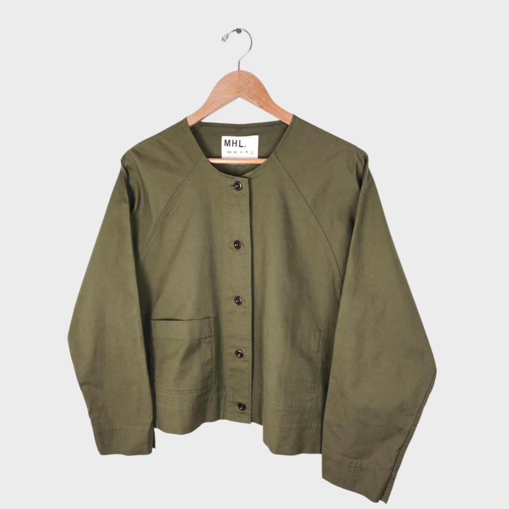 MHL MARGARET HOWELL Women's Olive Green Collarless Cotton Twill Overshirt Jacket