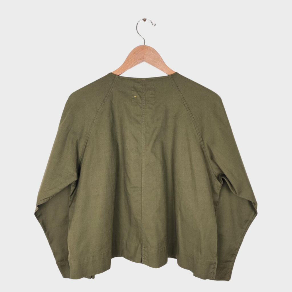 MHL MARGARET HOWELL Women's Olive Green Collarless Cotton Twill Overshirt Jacket
