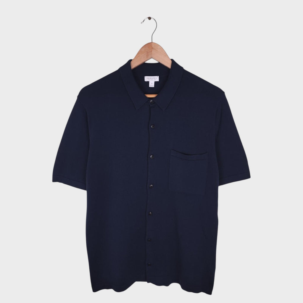 SUNSPEL Men's Navy Blue Knitted Cotton Short Sleeved Shirt