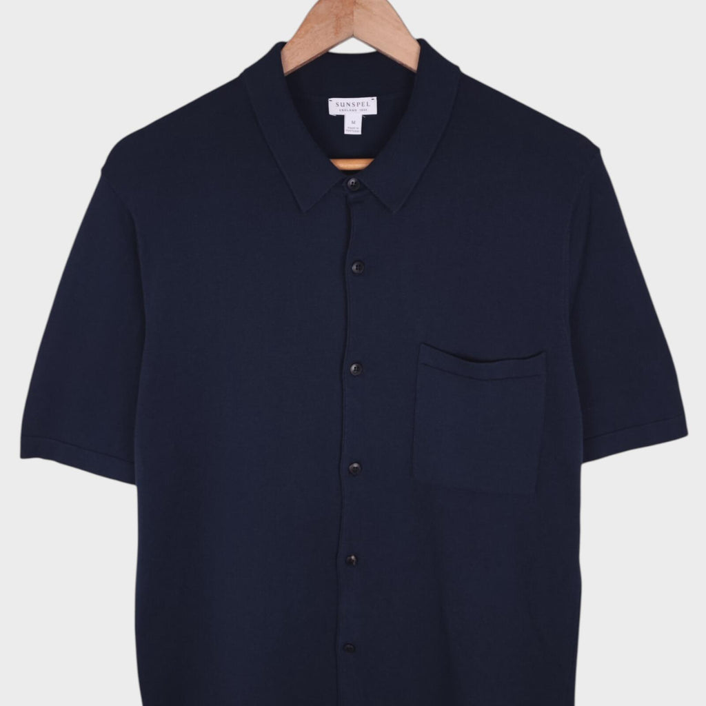 SUNSPEL Men's Navy Blue Knitted Cotton Short Sleeved Shirt