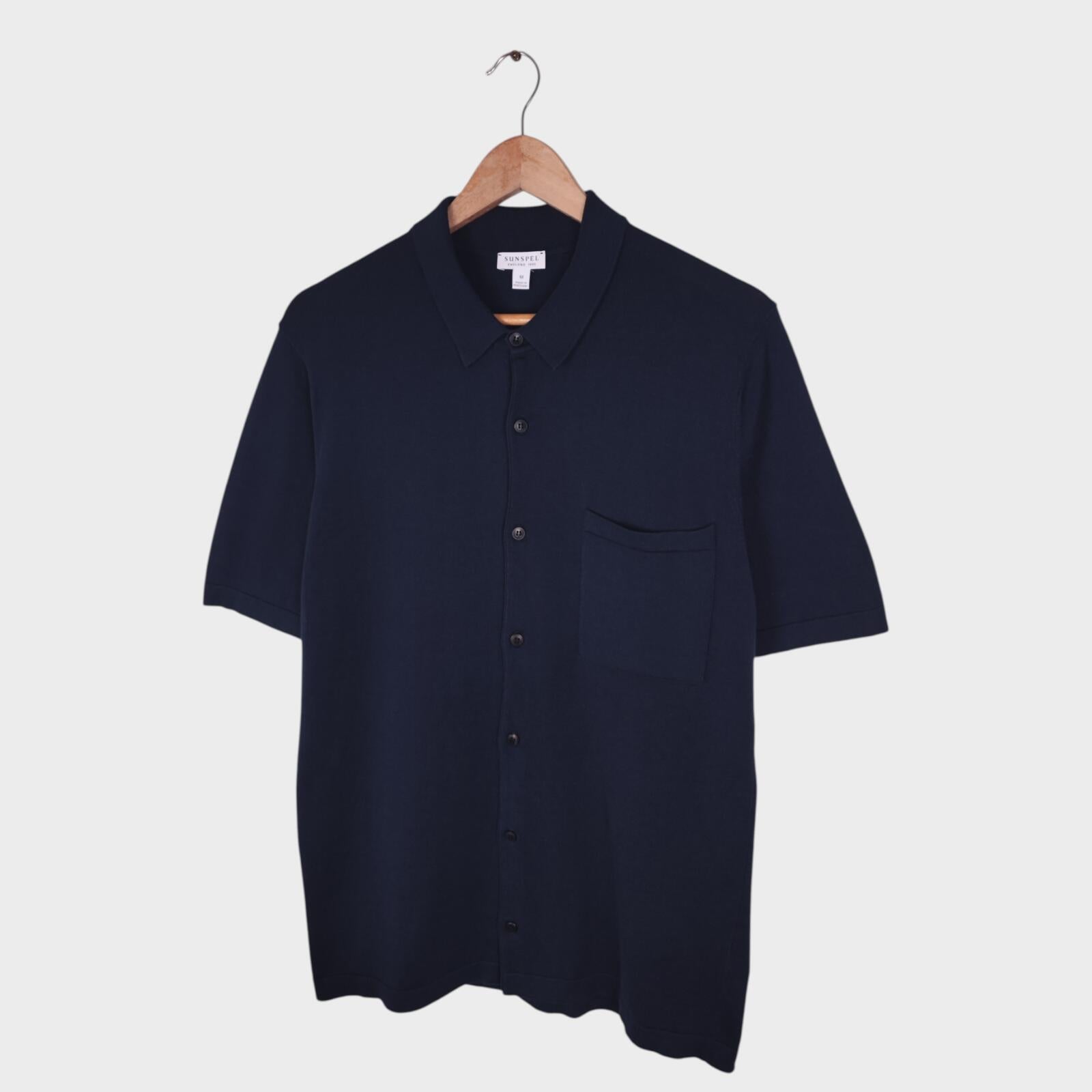 SUNSPEL Men's Navy Blue Knitted Cotton Short Sleeved Shirt