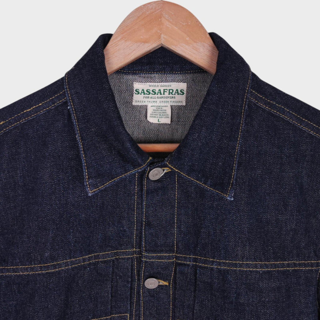SASSAFRAS Men's Made in Japan Selvedge Denim Gardener Trucker Jacket