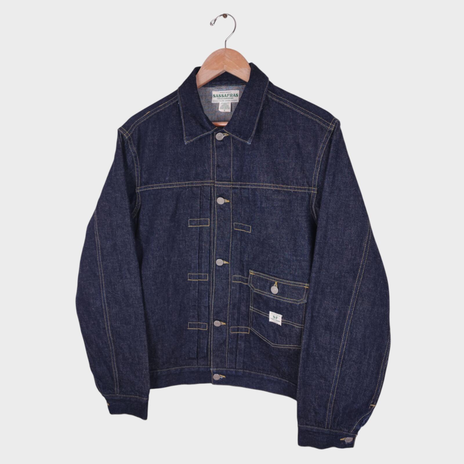 SASSAFRAS Men's Made in Japan Selvedge Denim Gardener Trucker Jacket