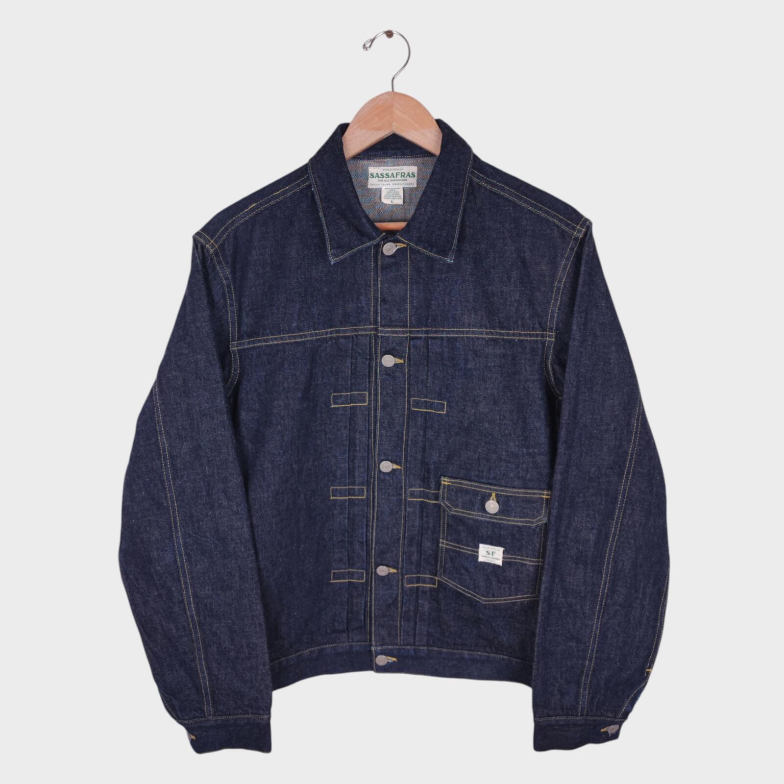 SASSAFRAS Men's Made in Japan Selvedge Denim Gardener Trucker Jacket