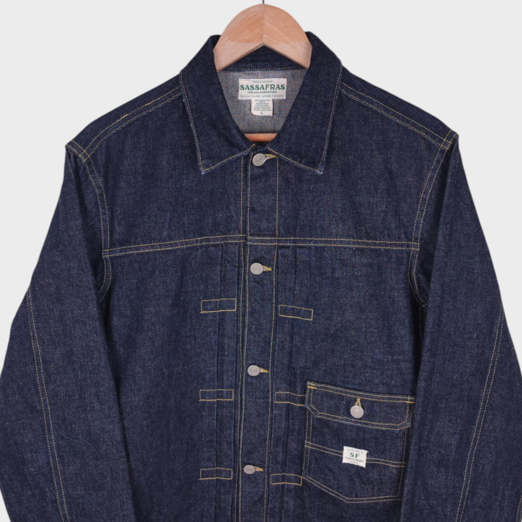 SASSAFRAS Men's Made in Japan Selvedge Denim Gardener Trucker Jacket
