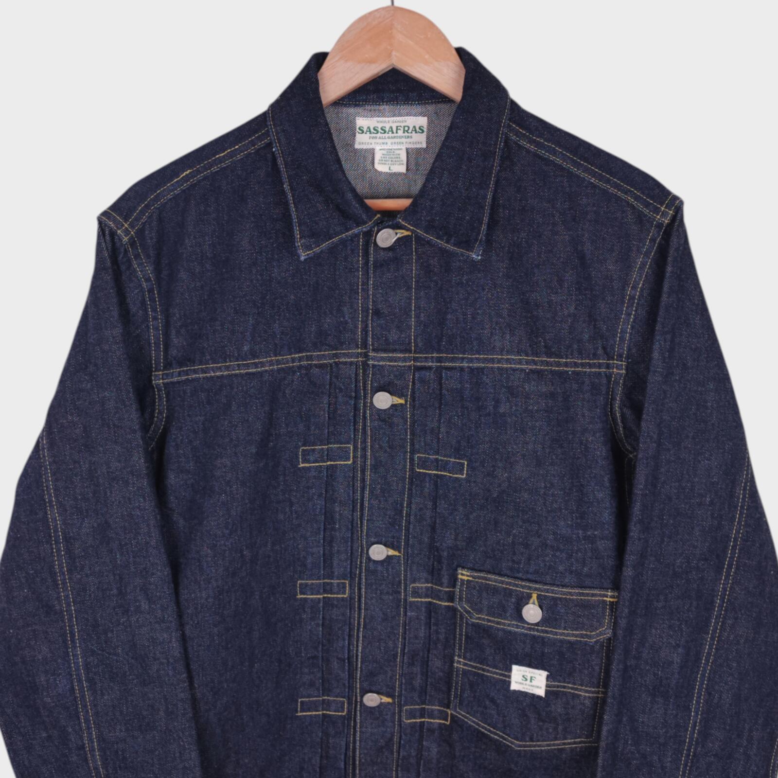 SASSAFRAS Men's Made in Japan Selvedge Denim Gardener Trucker Jacket