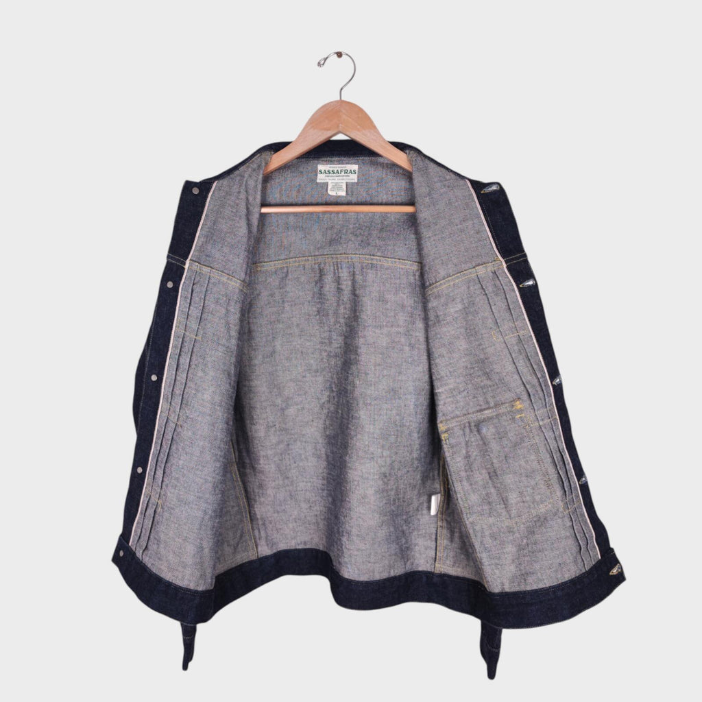 SASSAFRAS Men's Made in Japan Selvedge Denim Gardener Trucker Jacket