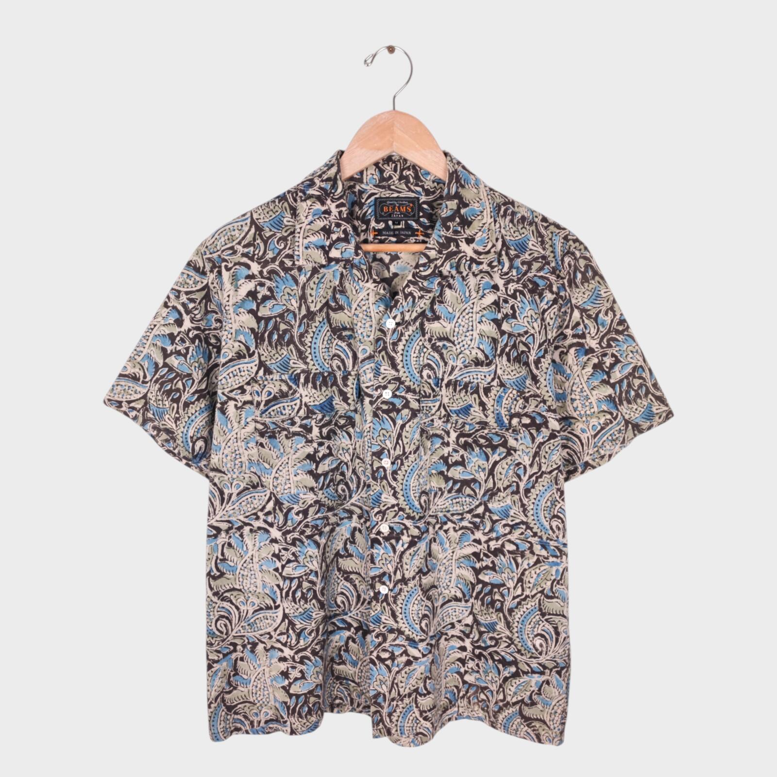 BEAMS PLUS Men's Made in Japan Floral Paisley Print Camp Collar Vacation Shirt