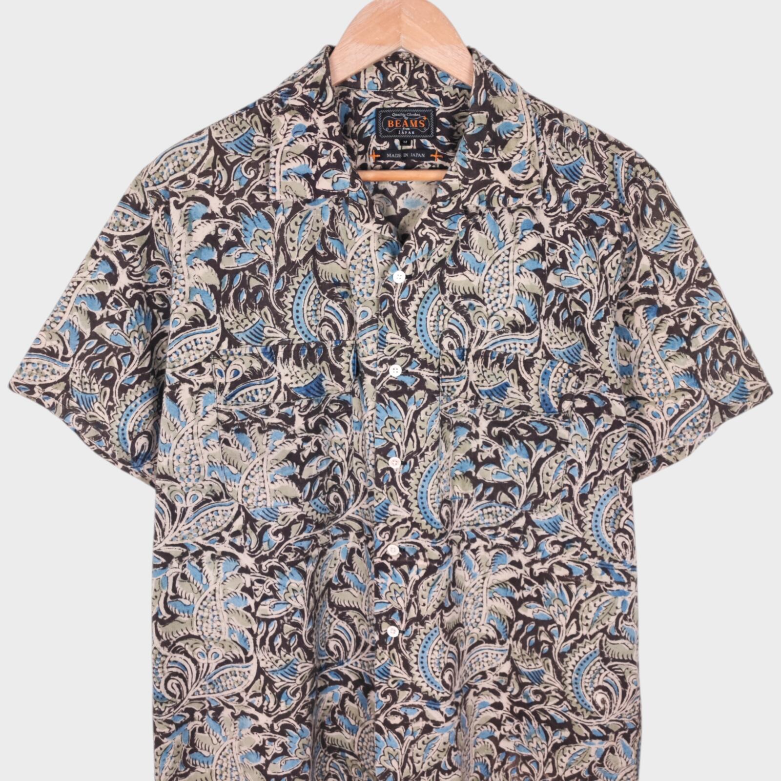 BEAMS PLUS Men's Made in Japan Floral Paisley Print Camp Collar Vacation Shirt
