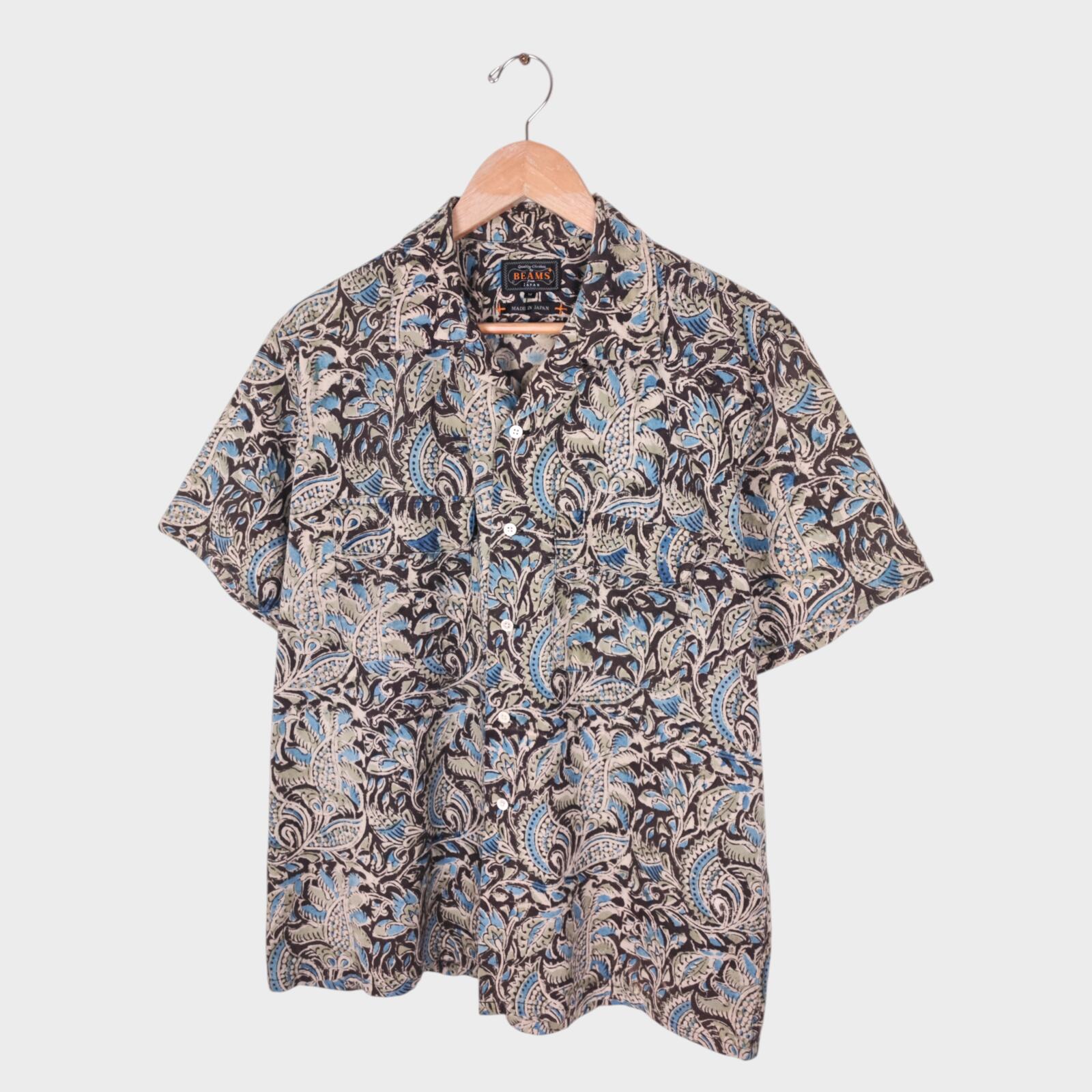 BEAMS PLUS Men's Made in Japan Floral Paisley Print Camp Collar Vacation Shirt