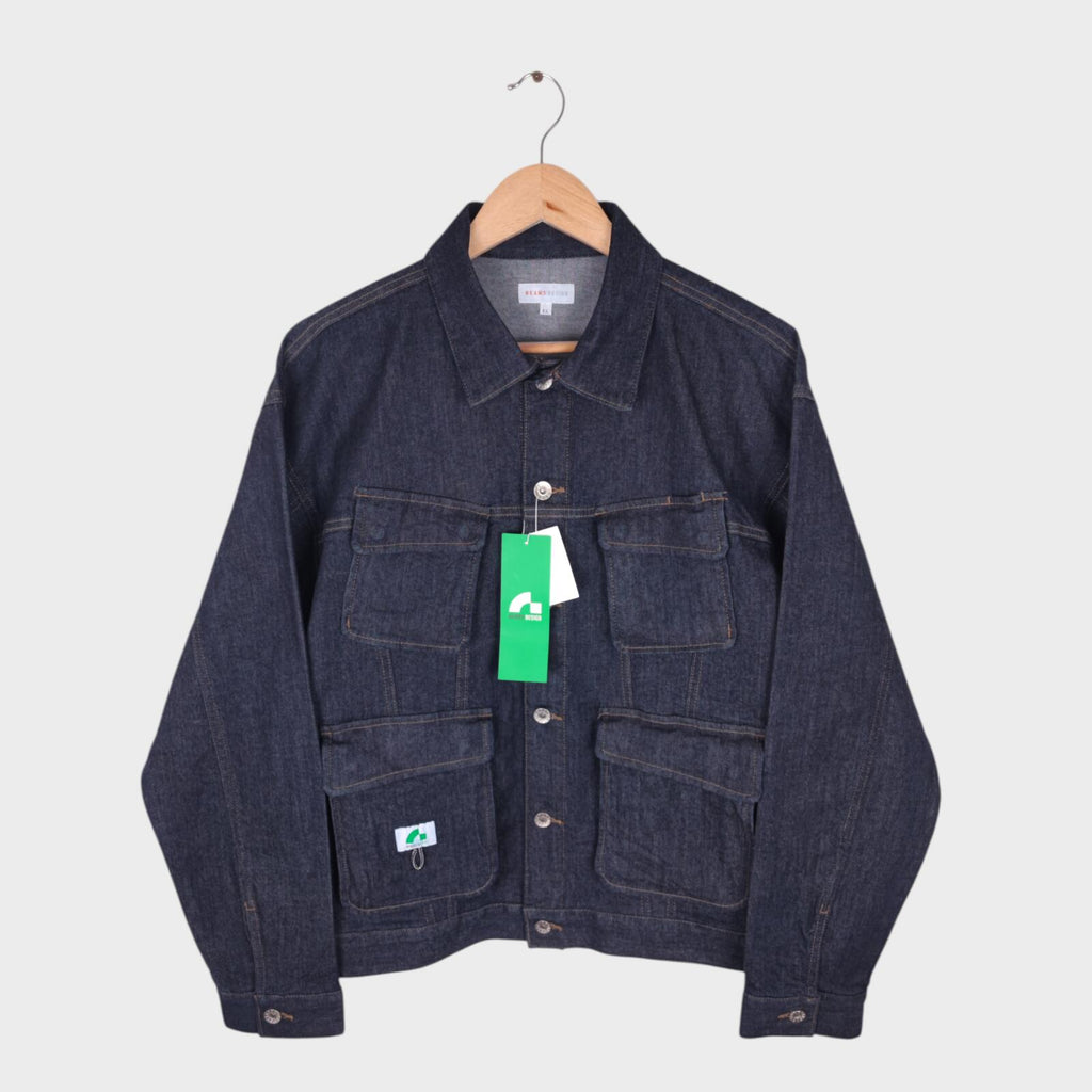 BEAMS Men's Dark Blue Cropped Denim Utility Chore Jacket