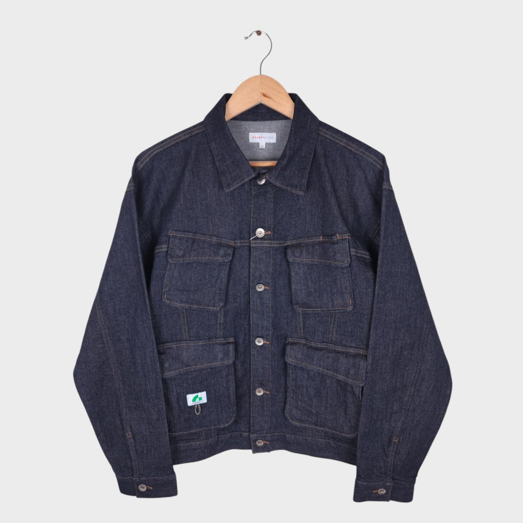 BEAMS Men's Dark Blue Cropped Denim Utility Chore Jacket