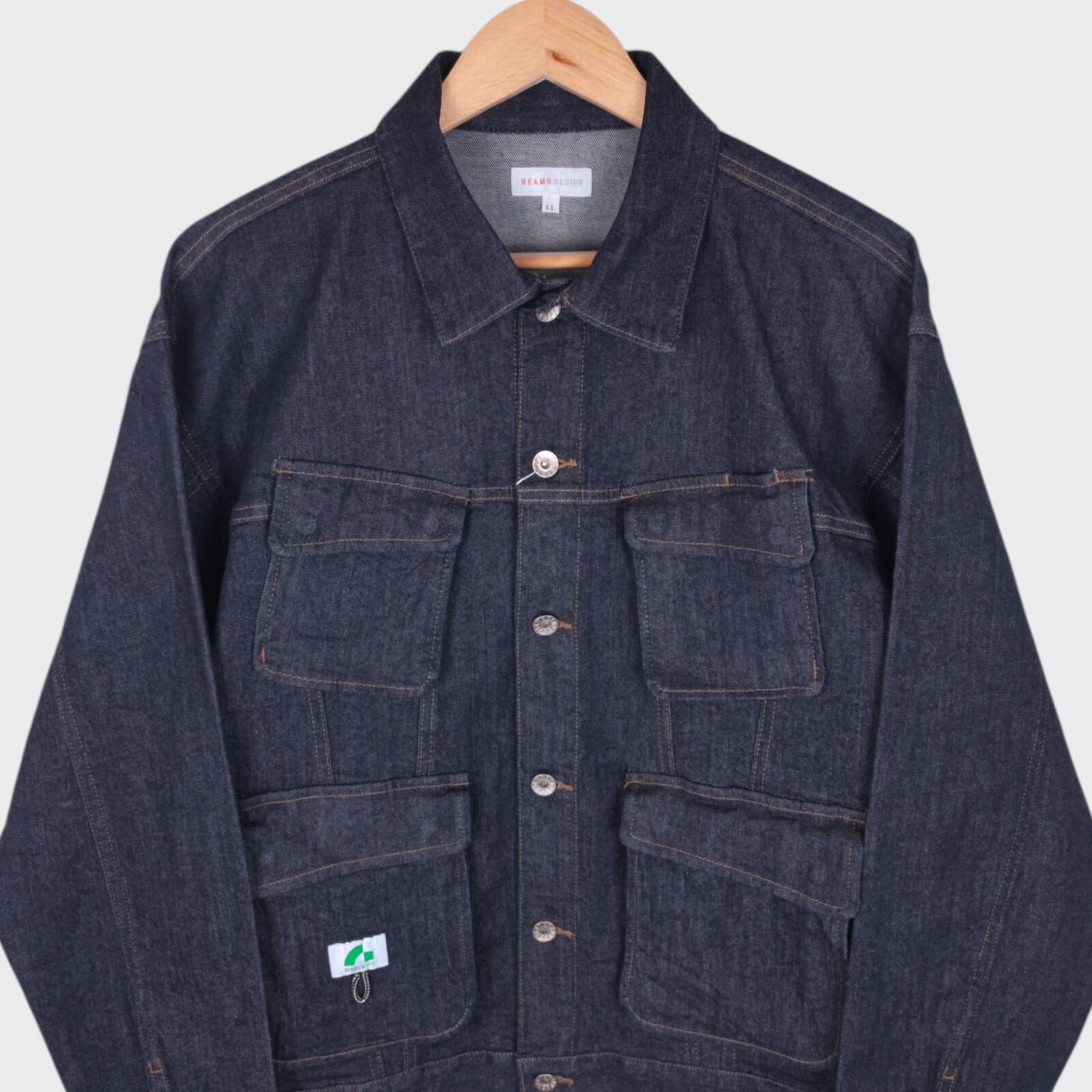 BEAMS Men's Dark Blue Cropped Denim Utility Chore Jacket
