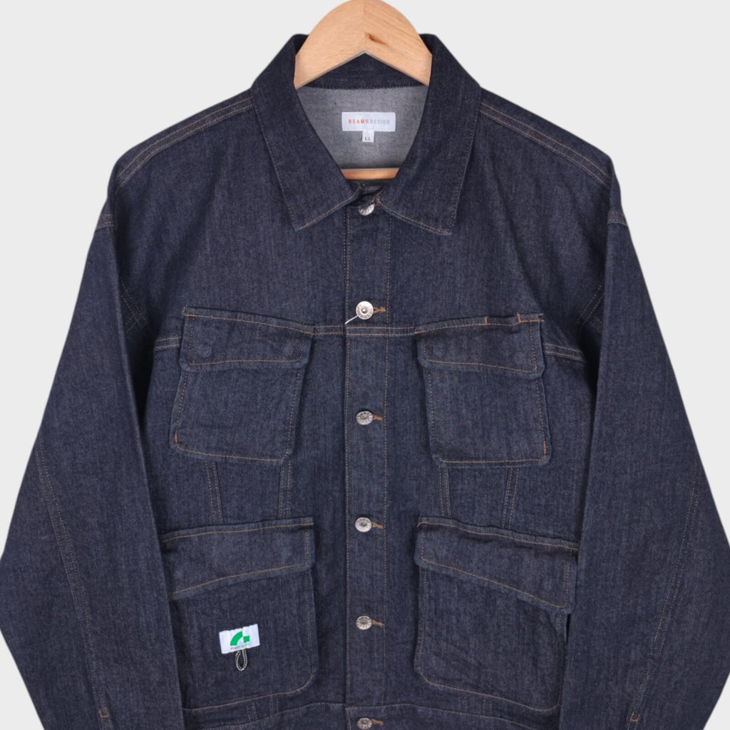 BEAMS Men's Dark Blue Cropped Denim Utility Chore Jacket
