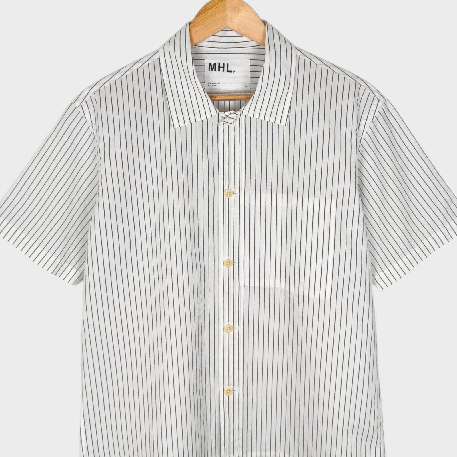 MHL MARGARET HOWELL Men's Short Sleeved Striped Cotton/Linen Shirt