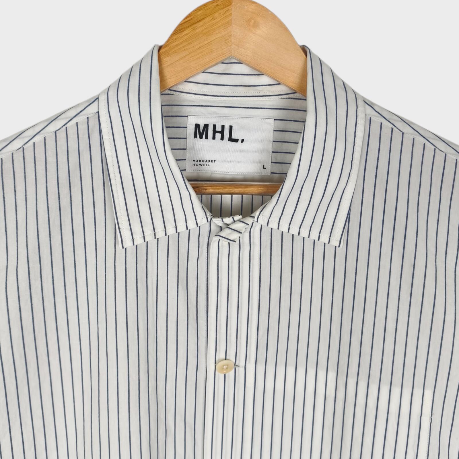 MHL MARGARET HOWELL Men's Short Sleeved Striped Cotton/Linen Shirt