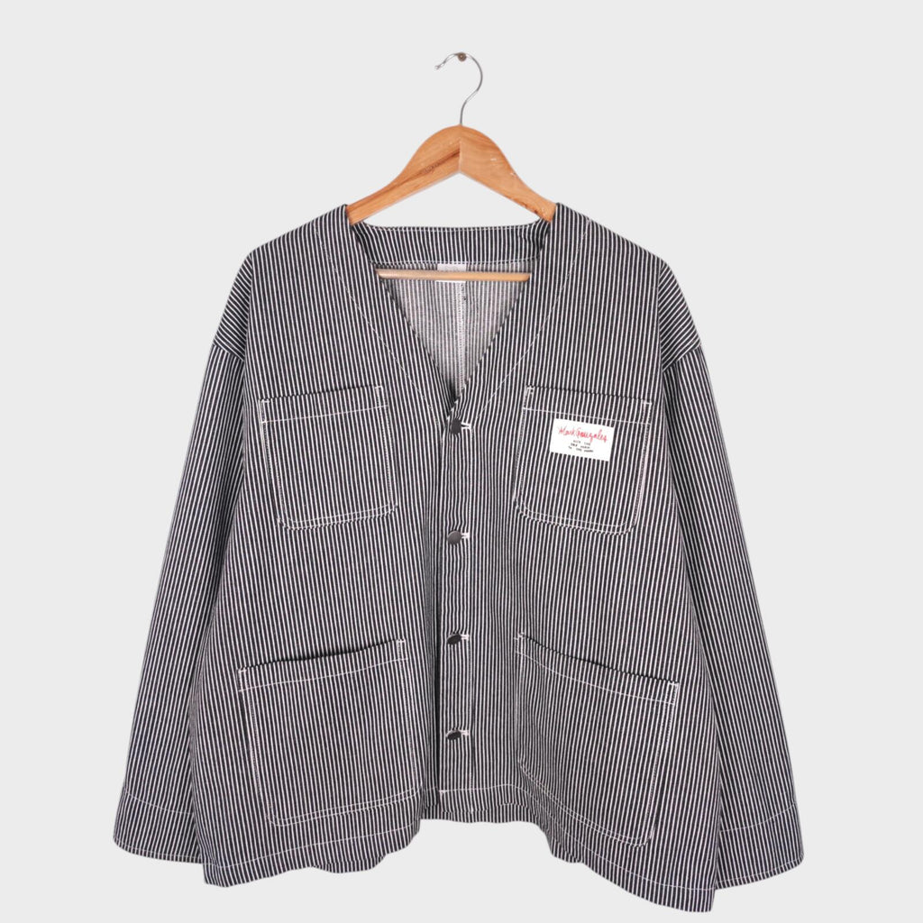 MARK GONZALES Men's Oversized Fit Hickory Stripe V-Neck Engineer Chore Jacket
