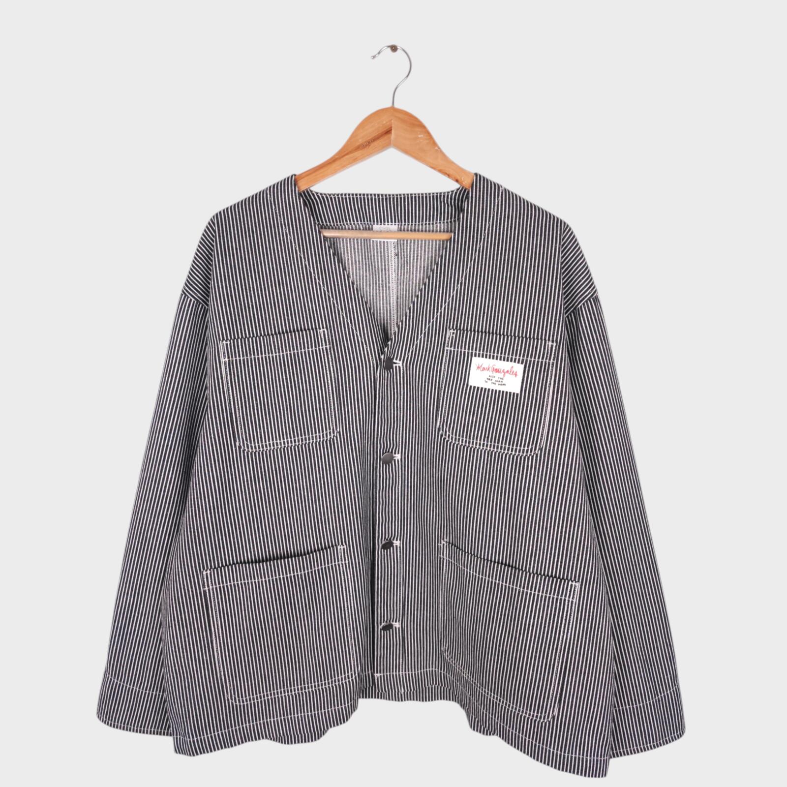 MARK GONZALES Men's Oversized Fit Hickory Stripe V-Neck Engineer Chore Jacket