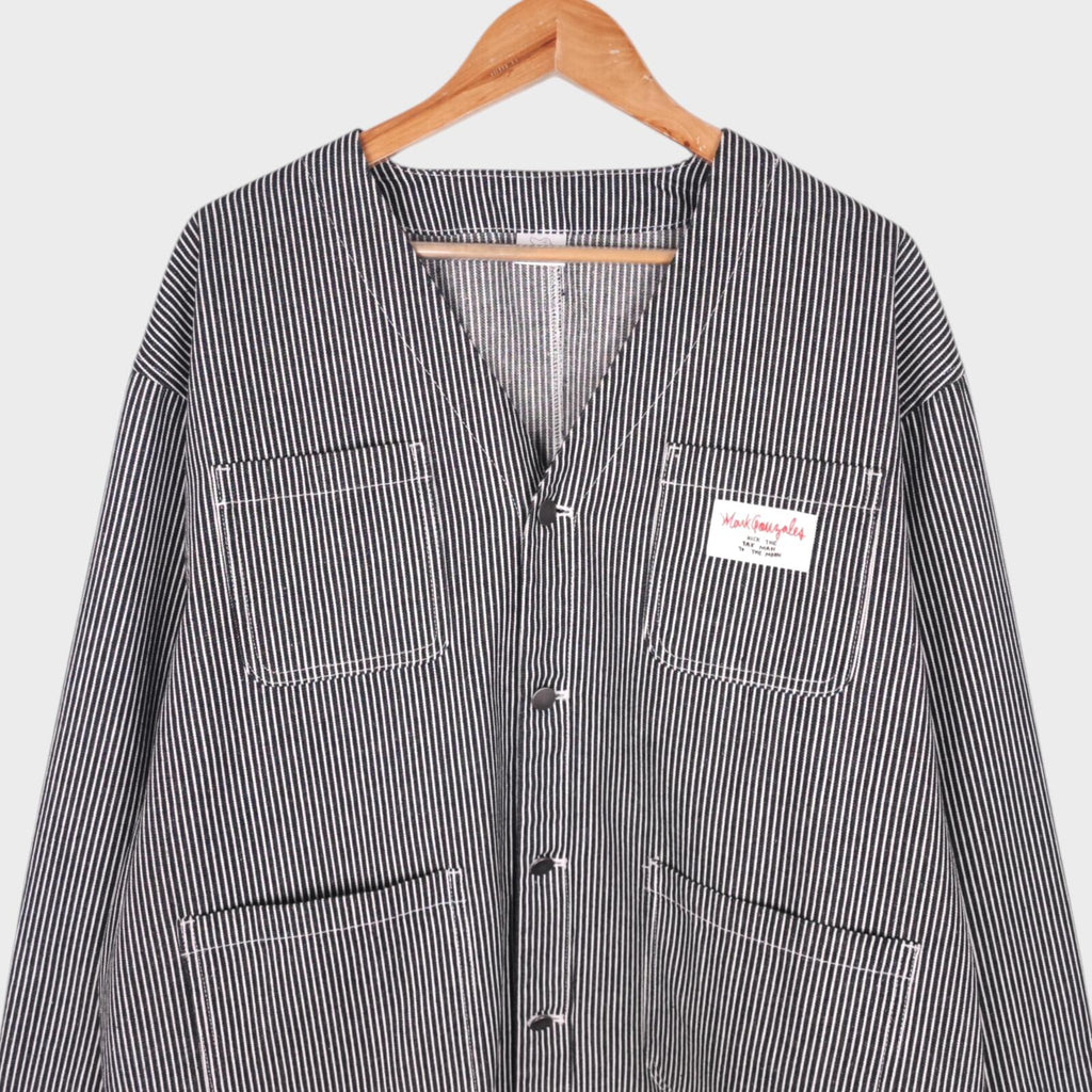 MARK GONZALES Men's Oversized Fit Hickory Stripe V-Neck Engineer Chore Jacket