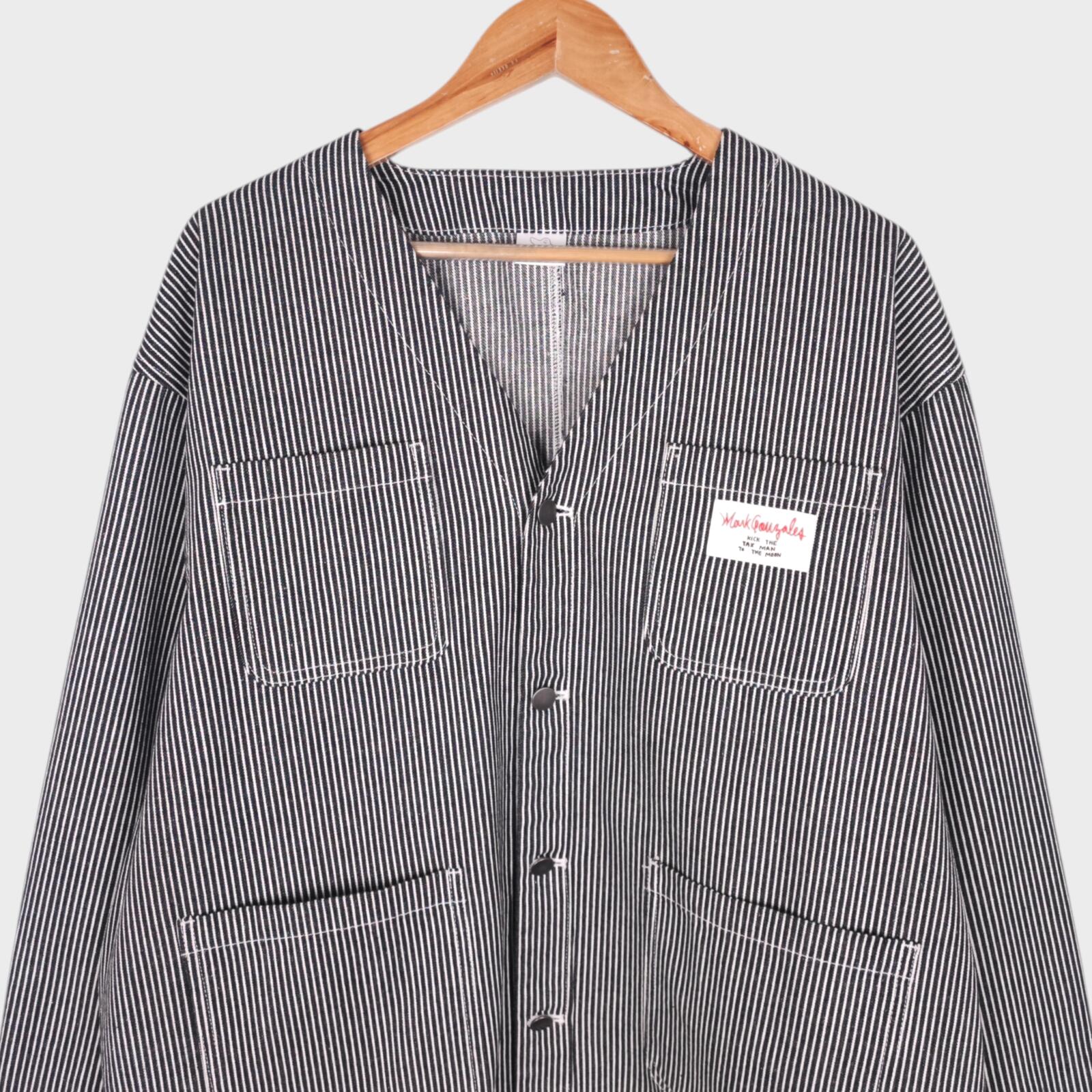MARK GONZALES Men's Oversized Fit Hickory Stripe V-Neck Engineer Chore Jacket