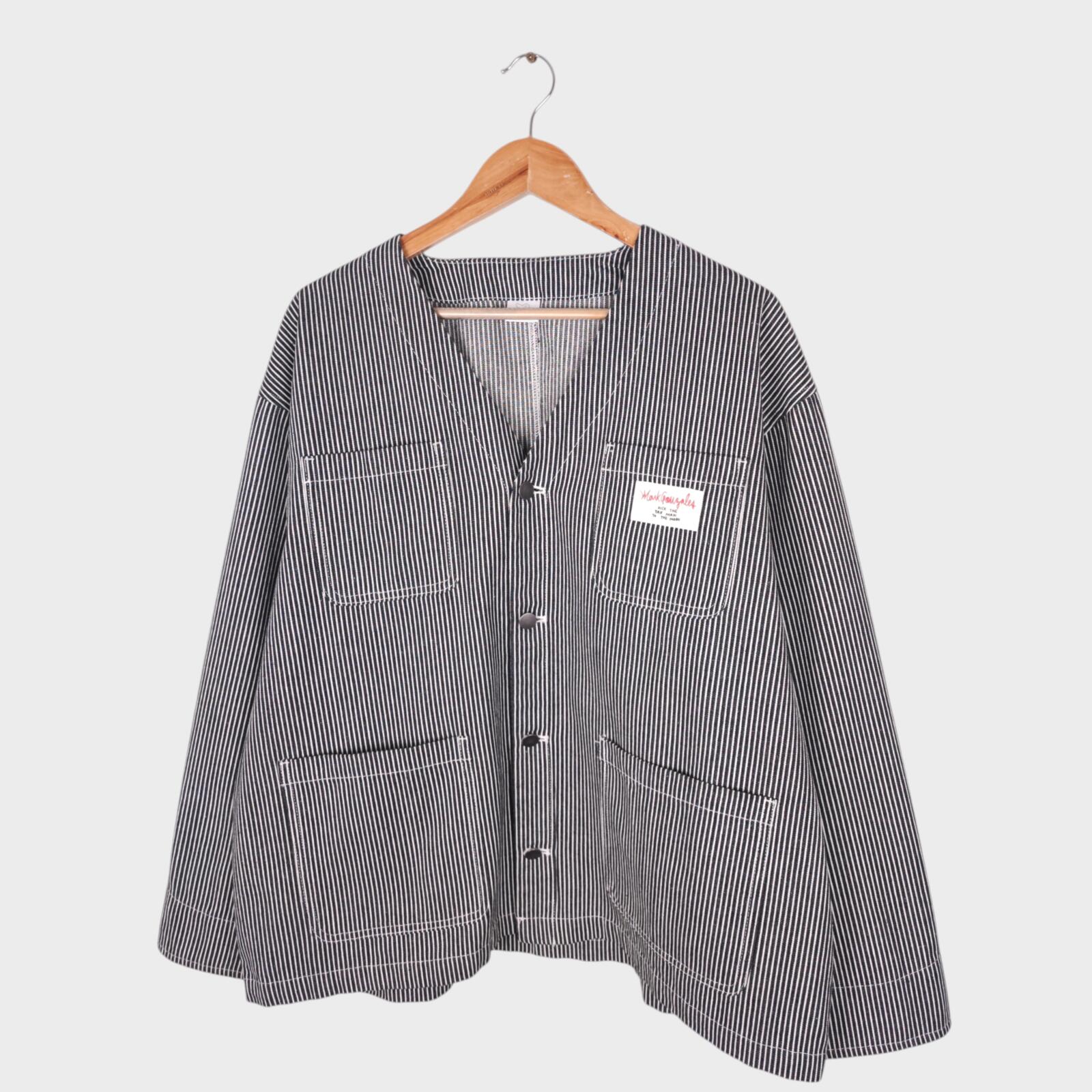 MARK GONZALES Men's Oversized Fit Hickory Stripe V-Neck Engineer Chore Jacket