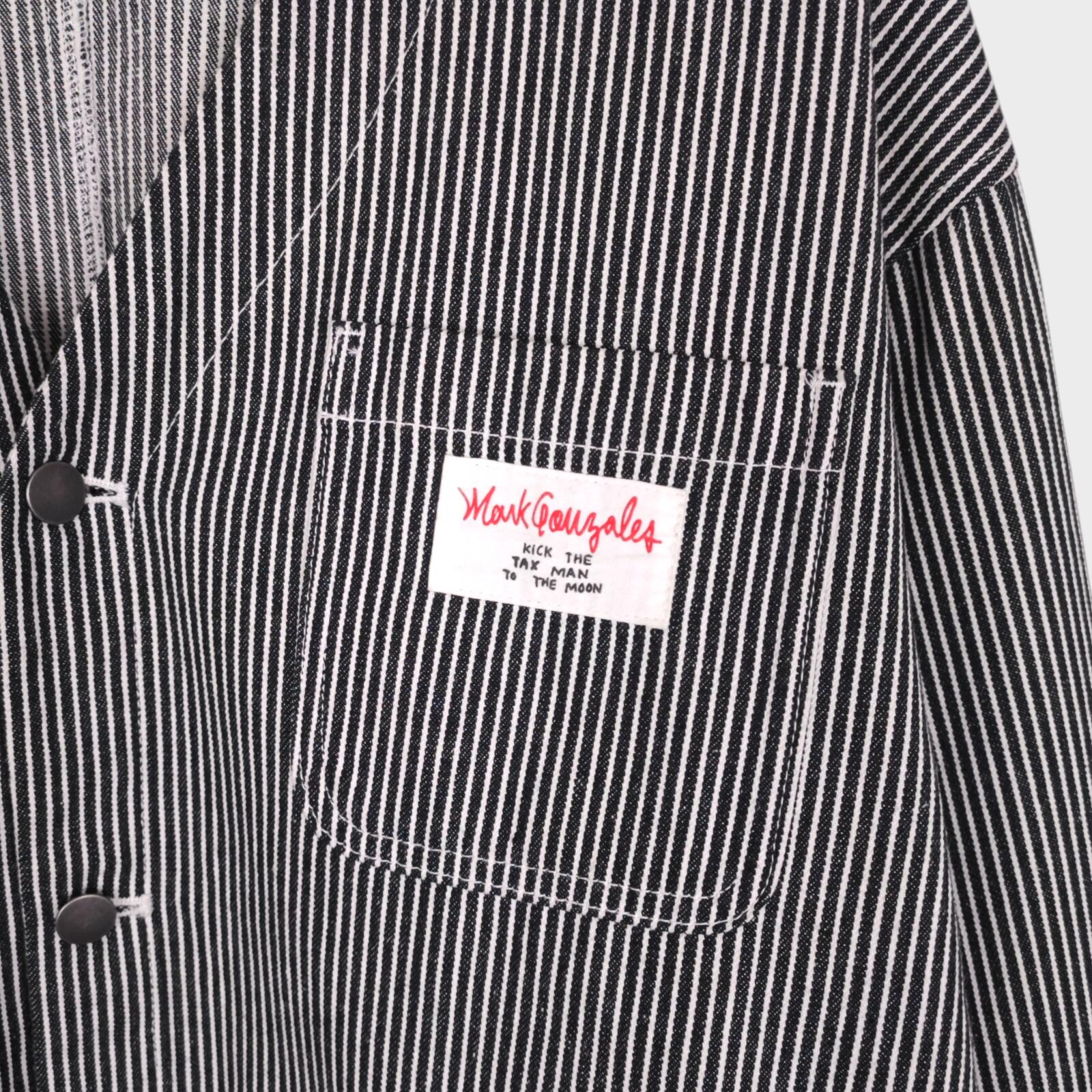 MARK GONZALES Men's Oversized Fit Hickory Stripe V-Neck Engineer Chore Jacket
