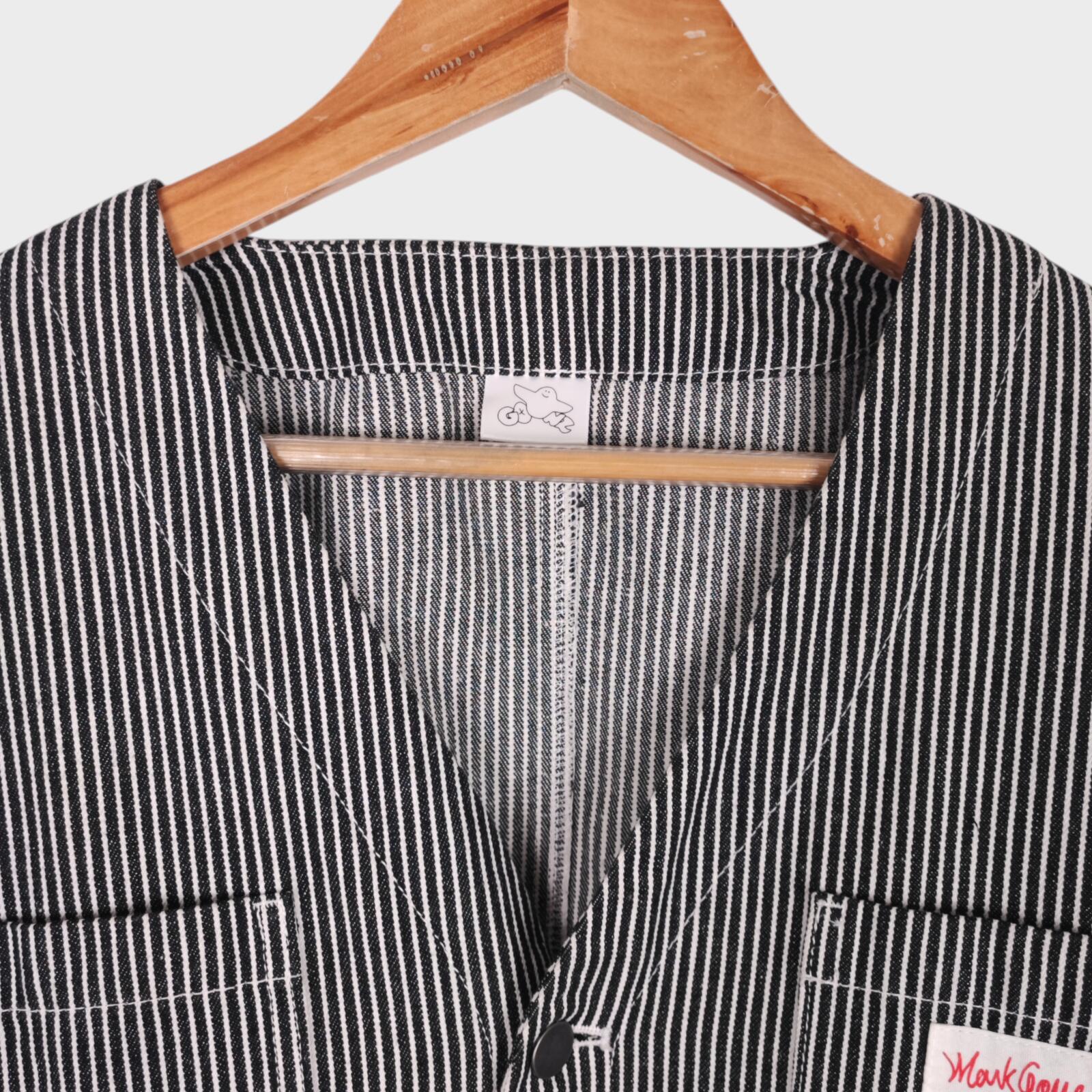 MARK GONZALES Men's Oversized Fit Hickory Stripe V-Neck Engineer Chore Jacket