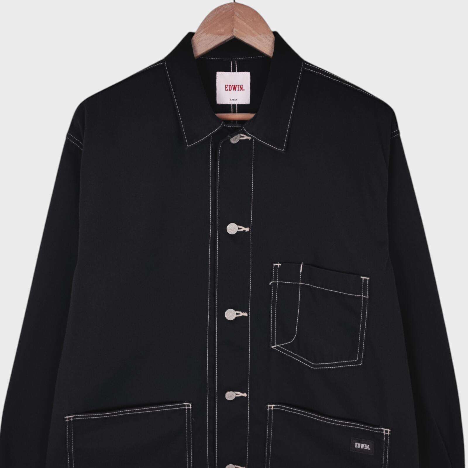 EDWIN Japan Men's Black Cotton Twill Contrast Stitching Chore Jacket