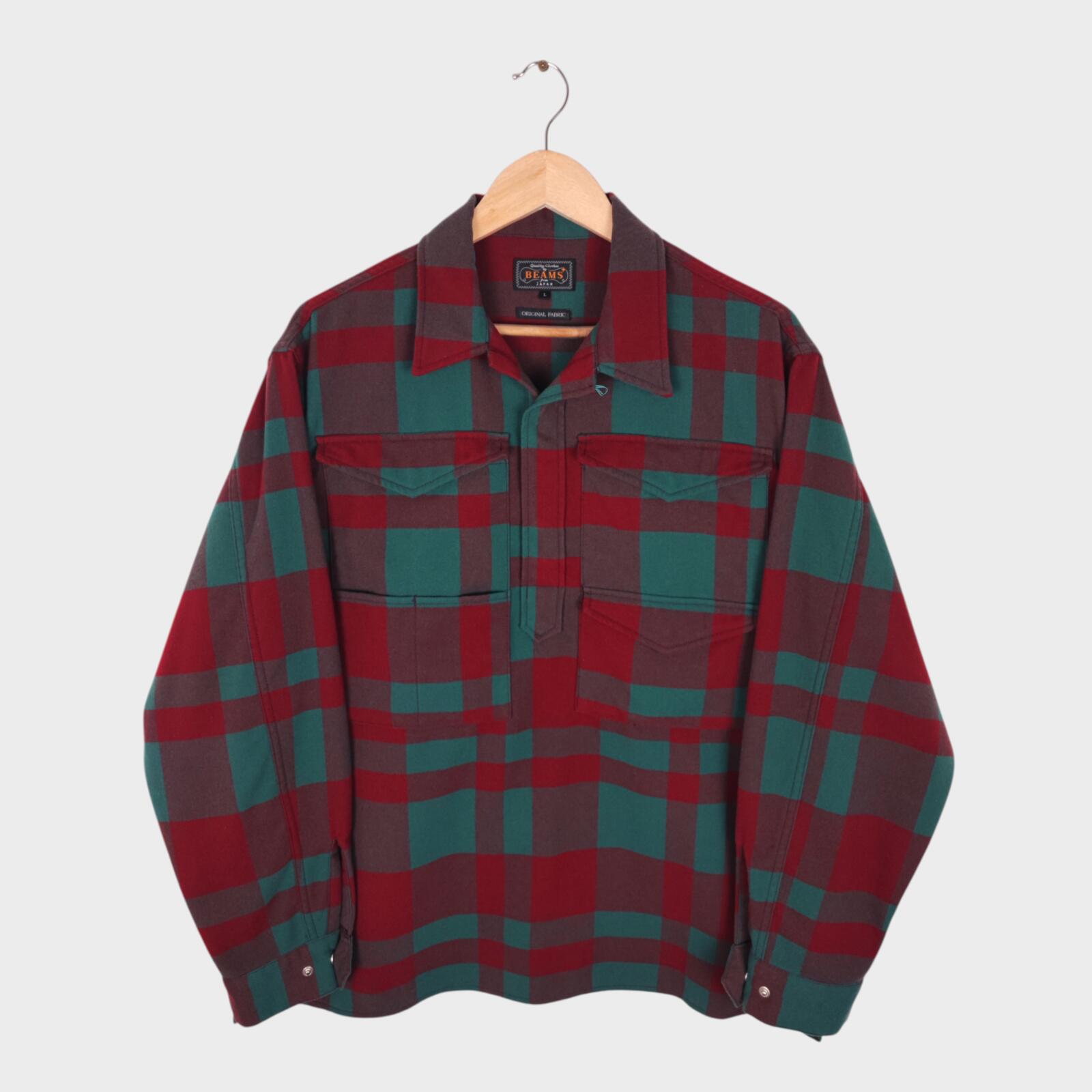 BEAMS PLUS Men's Red/Green Check Adventure Utility Smock Overshirt