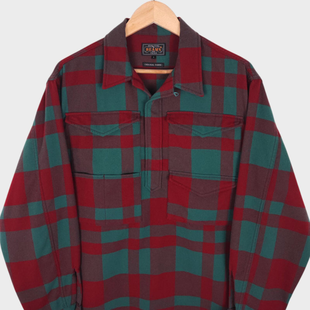 BEAMS PLUS Men's Red/Green Check Adventure Utility Smock Overshirt