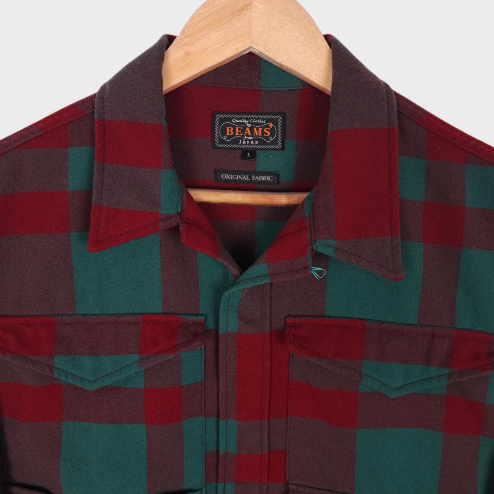 BEAMS PLUS Men's Red/Green Check Adventure Utility Smock Overshirt