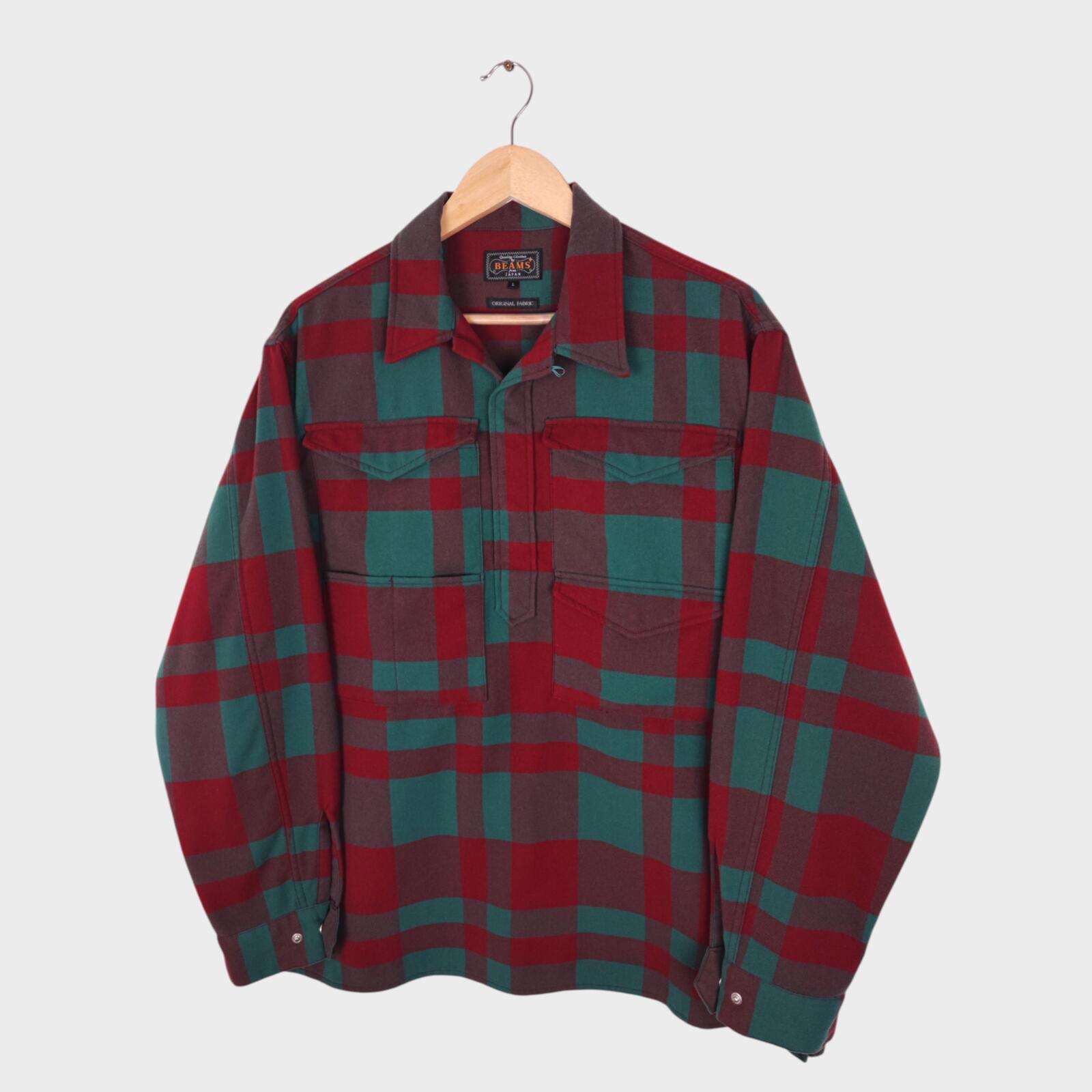 BEAMS PLUS Men's Red/Green Check Adventure Utility Smock Overshirt