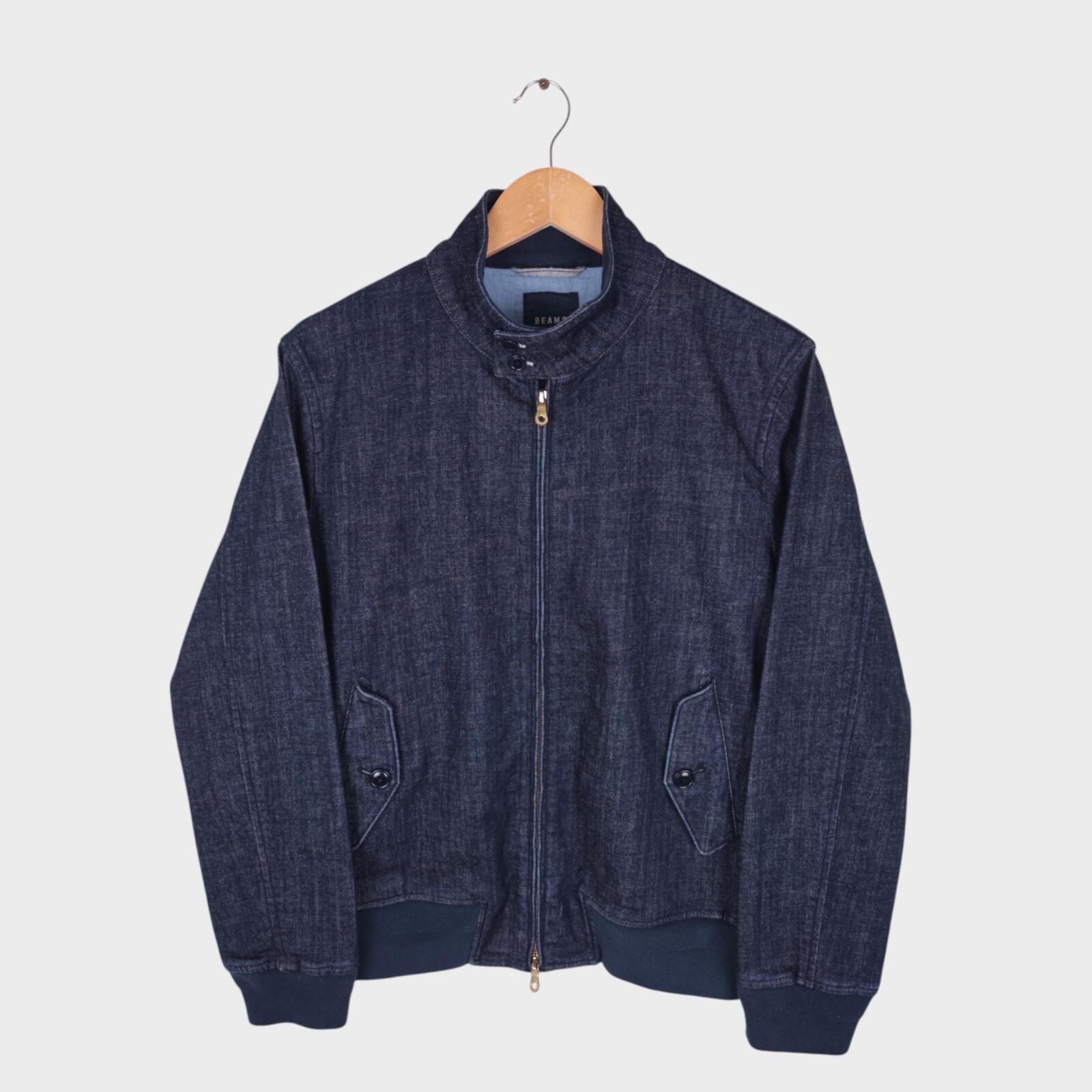 BEAMS Men's Blue Denim Harrington Bomber Jacket