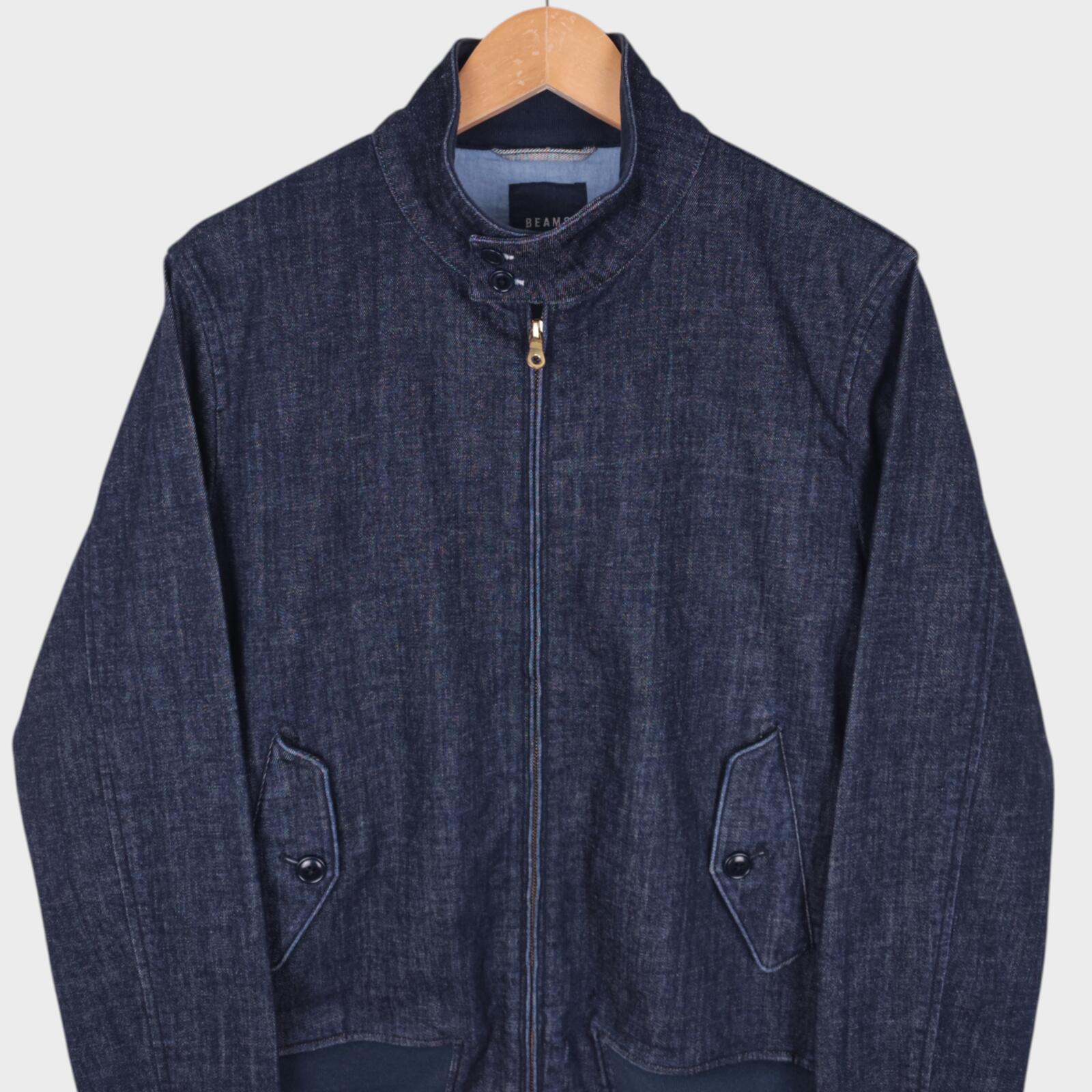 BEAMS Men's Blue Denim Harrington Bomber Jacket