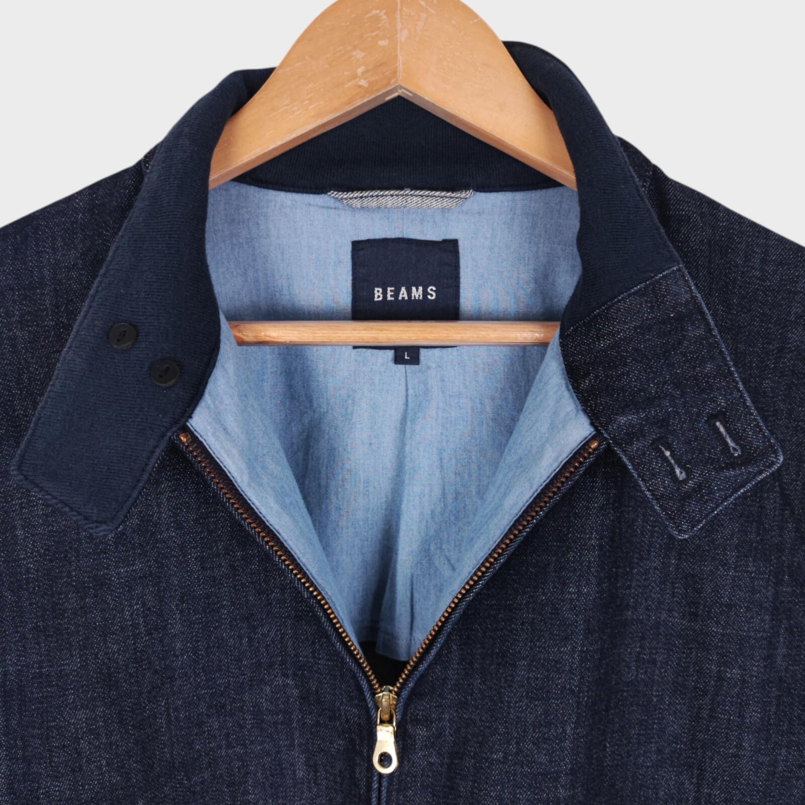 BEAMS Men's Blue Denim Harrington Bomber Jacket