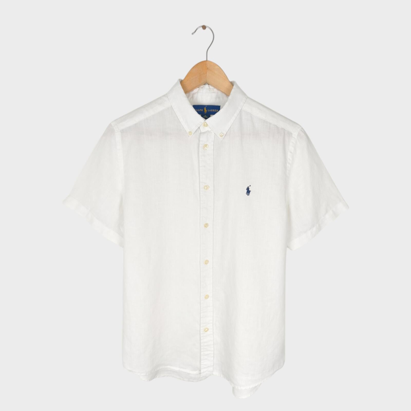 RALPH LAUREN Men's White 100% Linen Short Sleeved Shirt