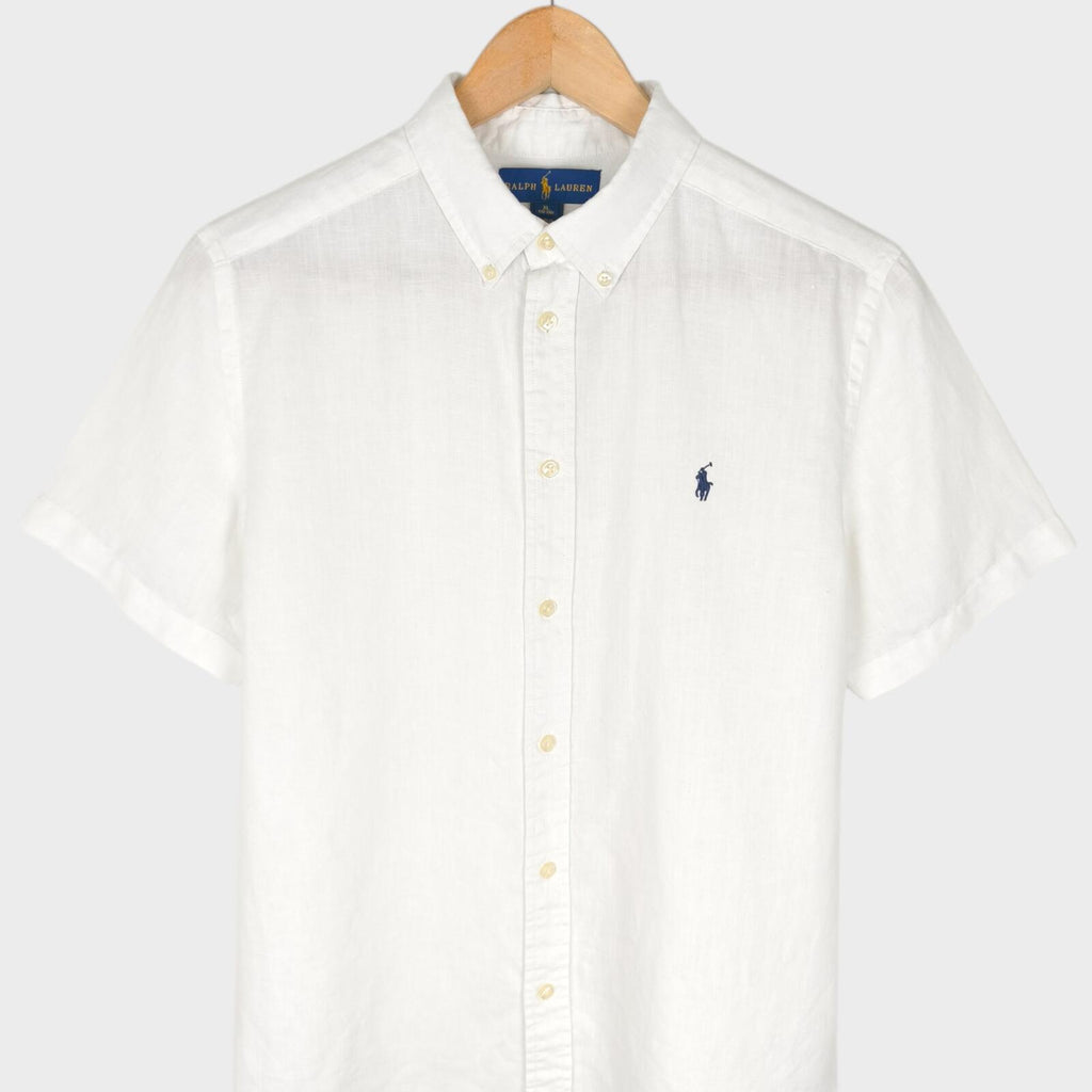 RALPH LAUREN Men's White 100% Linen Short Sleeved Shirt