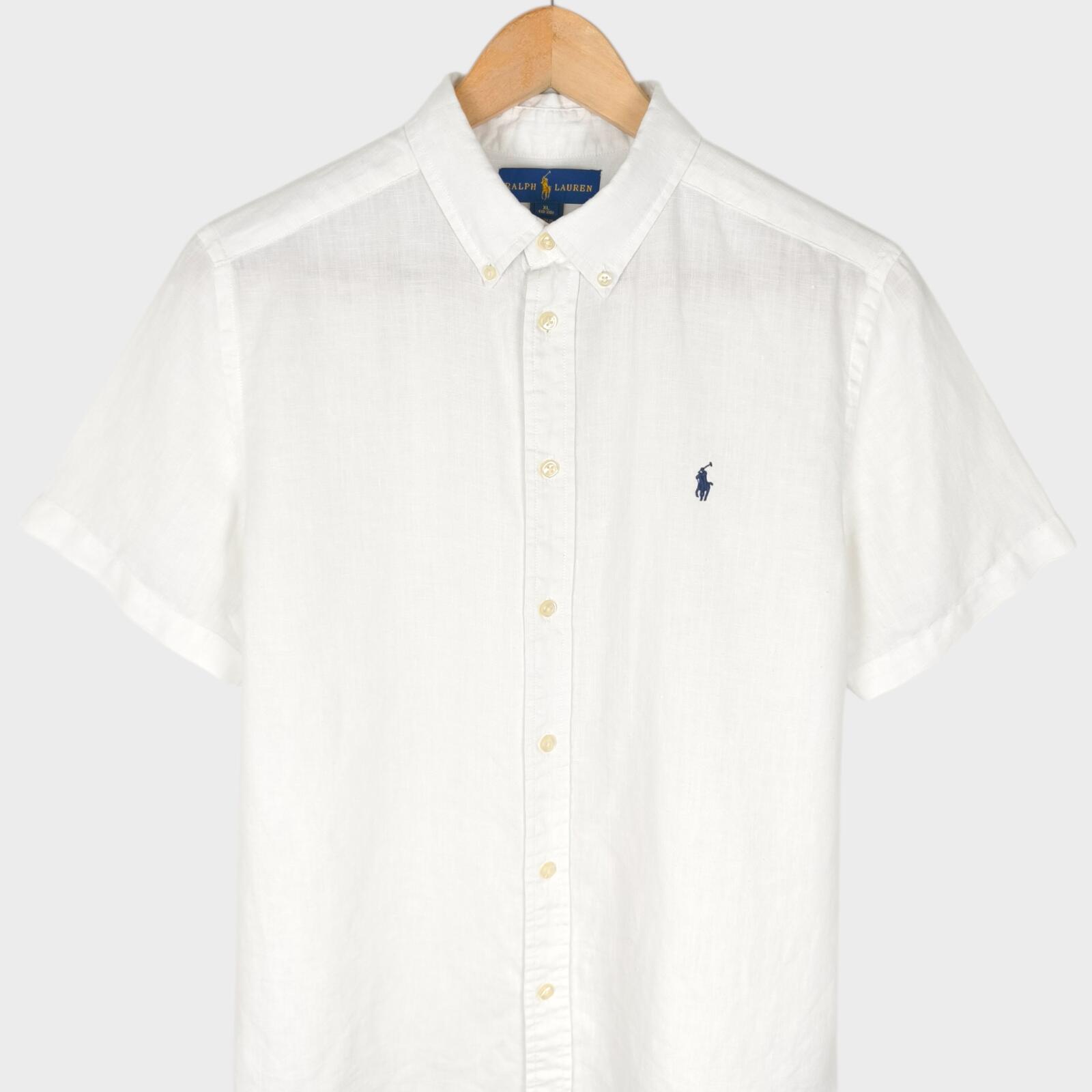 RALPH LAUREN Men's White 100% Linen Short Sleeved Shirt
