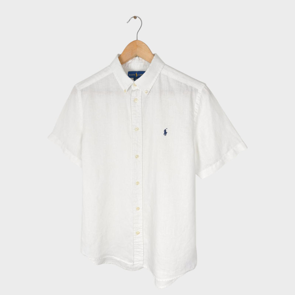 RALPH LAUREN Men's White 100% Linen Short Sleeved Shirt