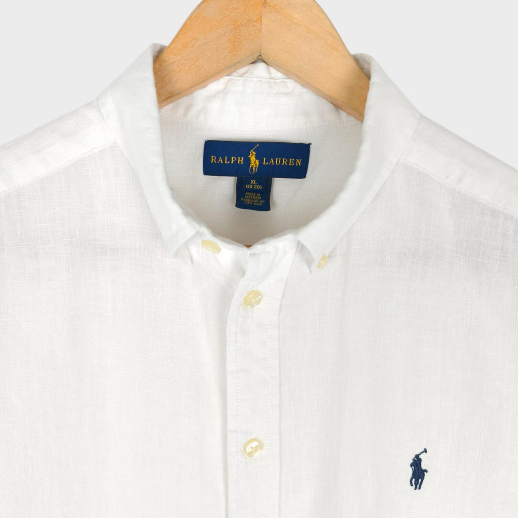 RALPH LAUREN Men's White 100% Linen Short Sleeved Shirt