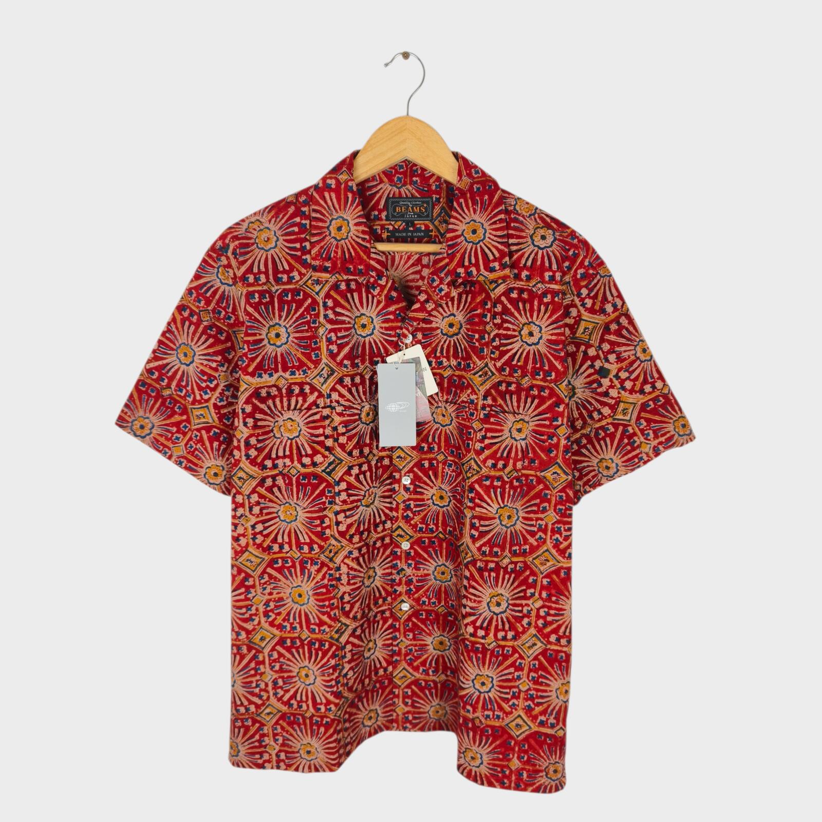 BEAMS PLUS Men's Made in Japan Floral Print Camp Collar Vacation Shirt