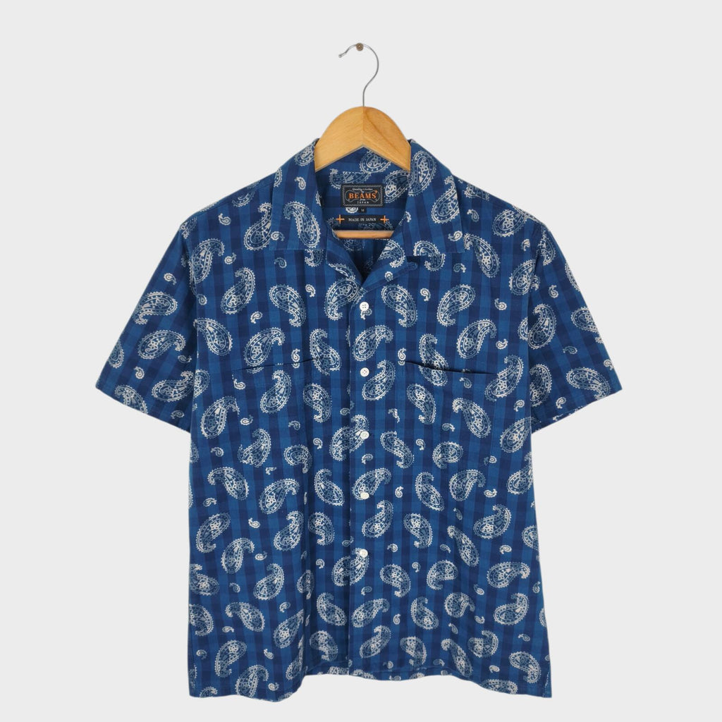 BEAMS PLUS Men's Made in Japan Blue Paisley Print Camp Collar Vacation Shirt