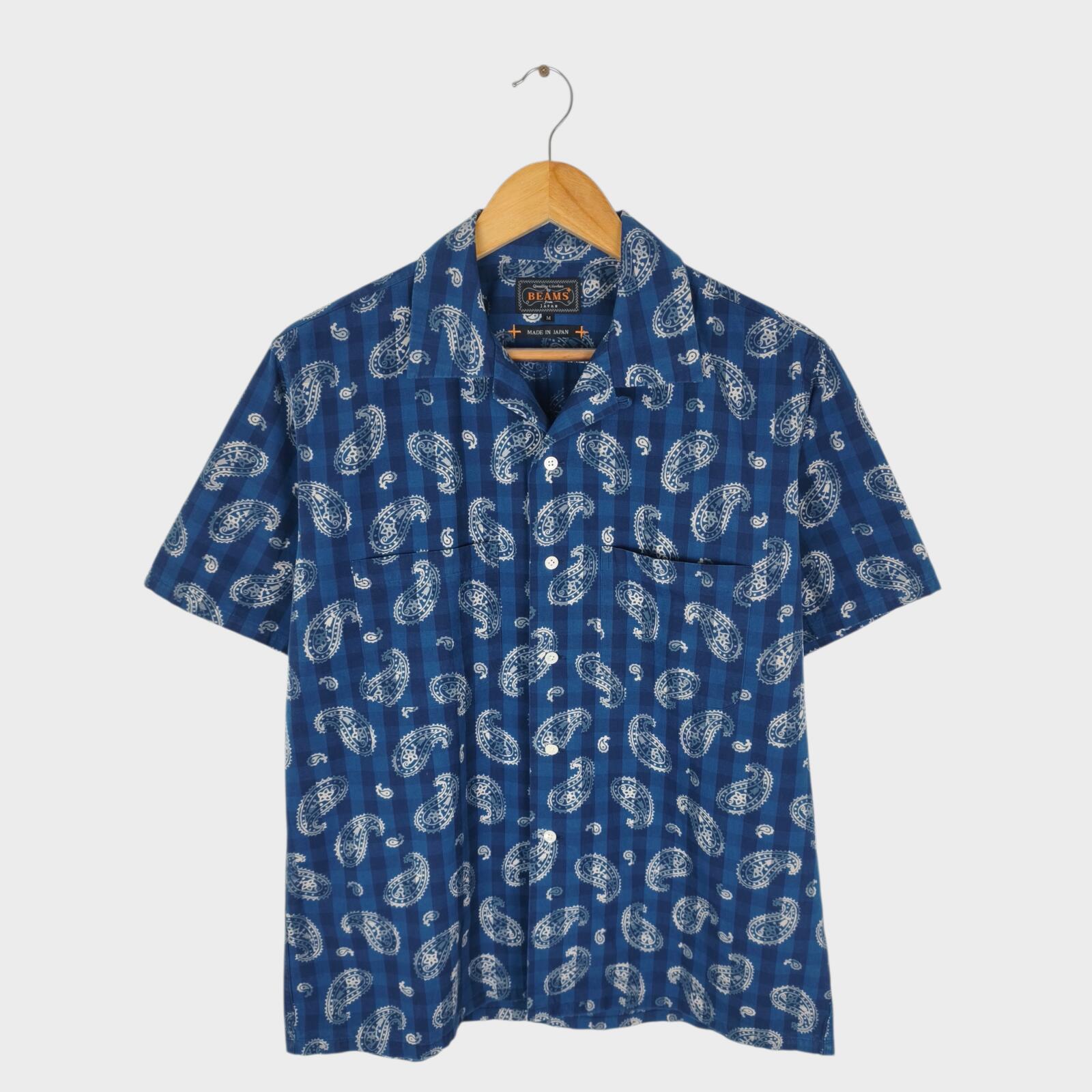 BEAMS PLUS Men's Made in Japan Blue Paisley Print Camp Collar Vacation Shirt