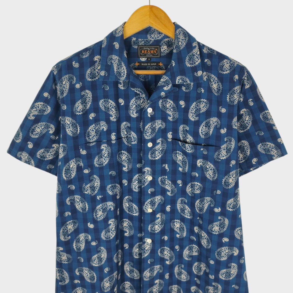 BEAMS PLUS Men's Made in Japan Blue Paisley Print Camp Collar Vacation Shirt