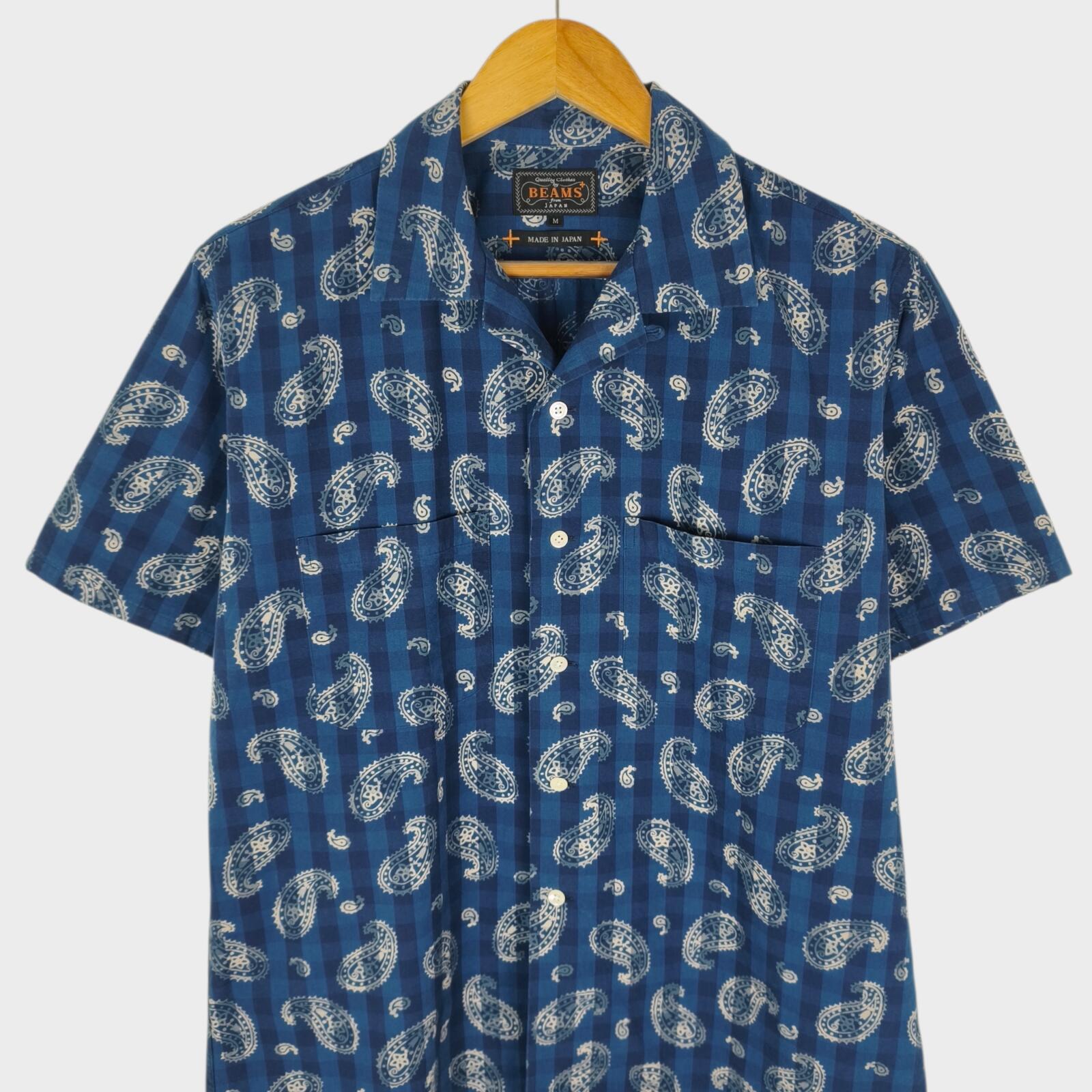 BEAMS PLUS Men's Made in Japan Blue Paisley Print Camp Collar Vacation Shirt