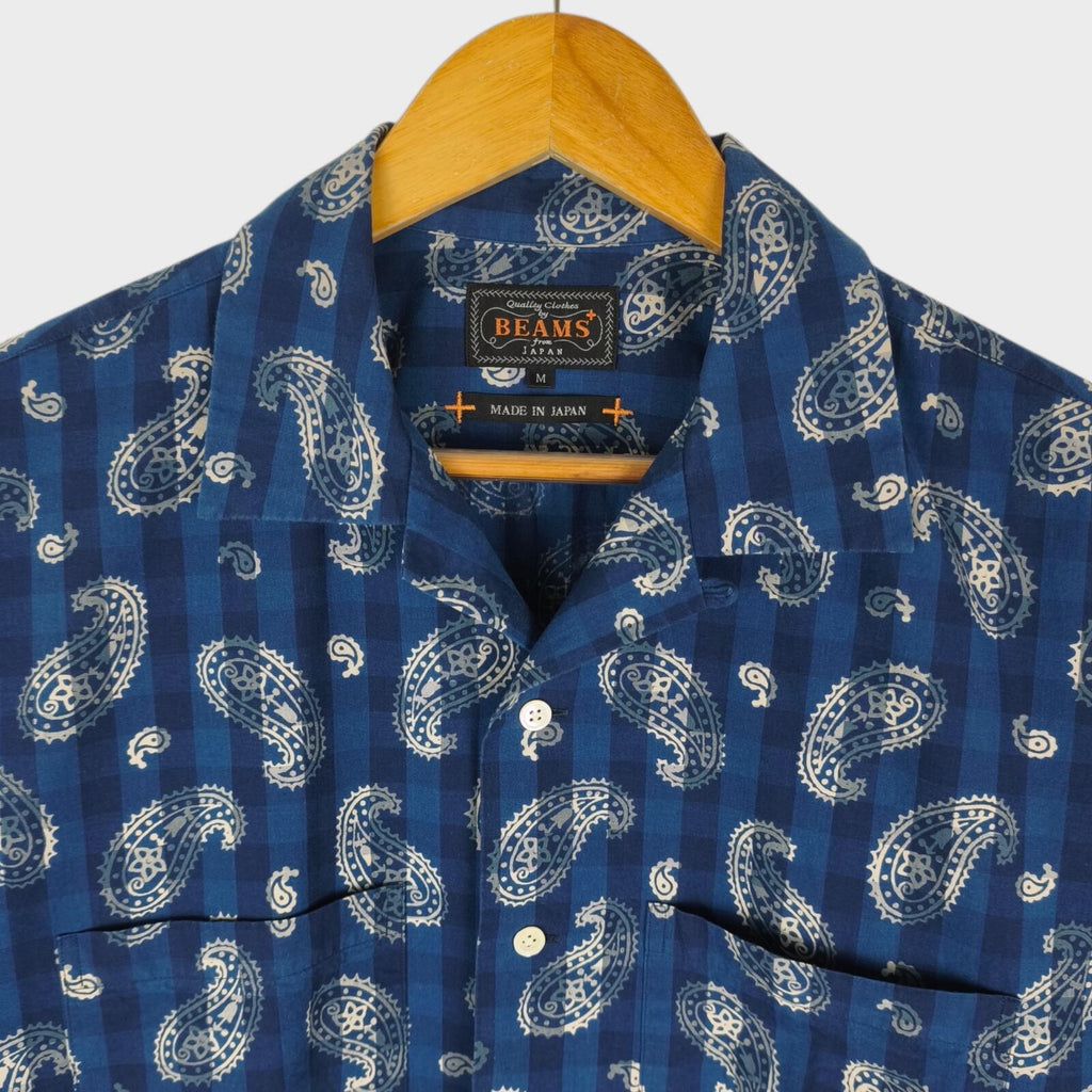 BEAMS PLUS Men's Made in Japan Blue Paisley Print Camp Collar Vacation Shirt