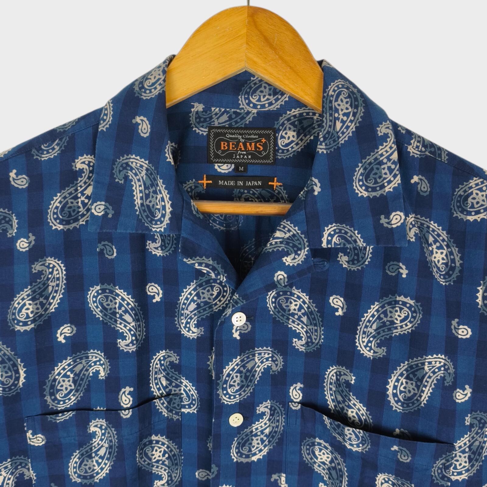 BEAMS PLUS Men's Made in Japan Blue Paisley Print Camp Collar Vacation Shirt
